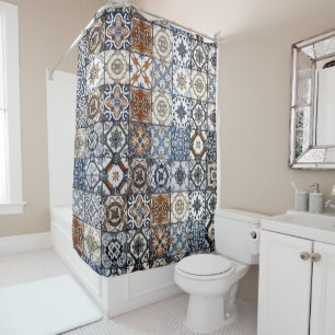 Talavera Mexican Tile Pattern Blue Brown Shower Curtain