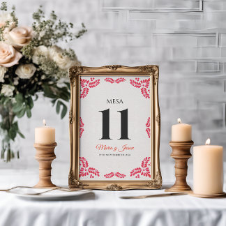 Talavera Orange Floral Minimalist Spanish Wedding Table Number