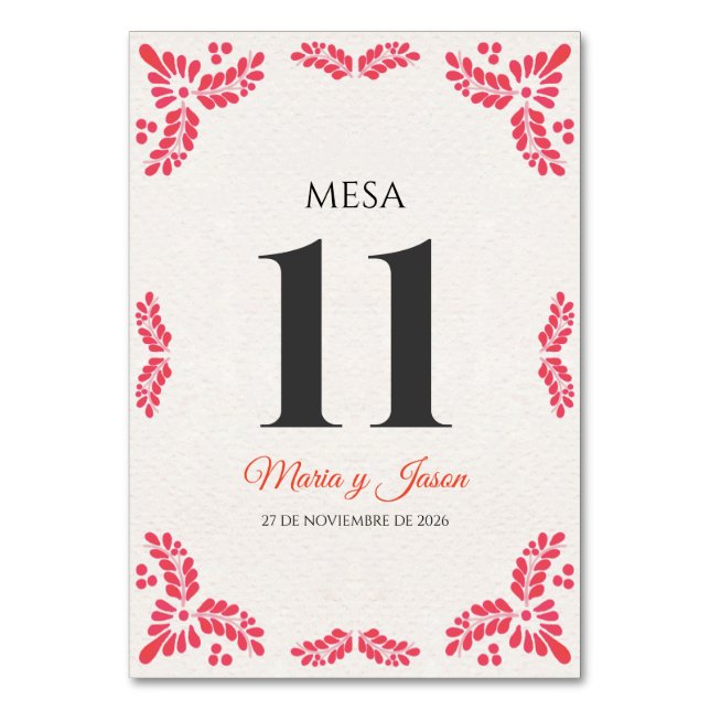 Talavera Orange Floral Minimalist Spanish Wedding Table Number (Front)