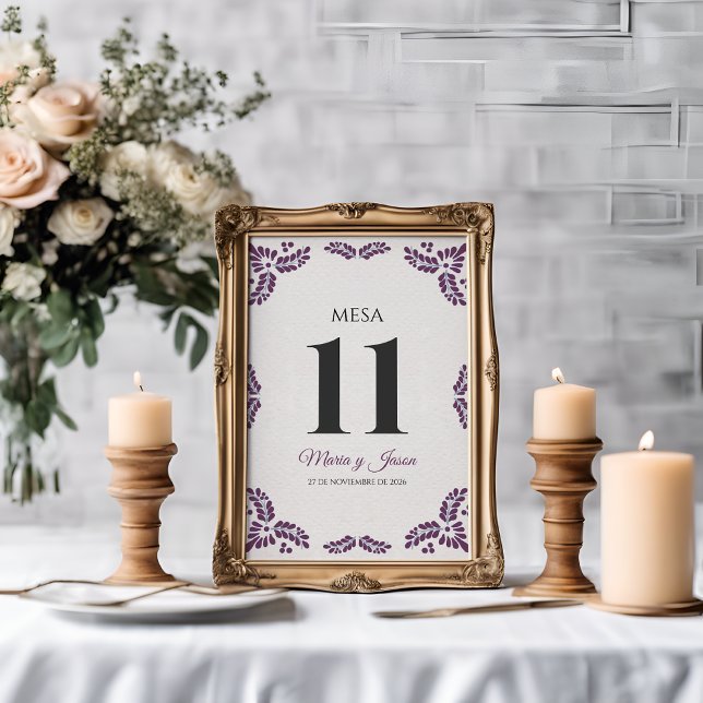 Talavera Purple Floral Minimalist Spanish Wedding Table Number (Talavera Purple Floral Minimalist Spanish Wedding Table Number)