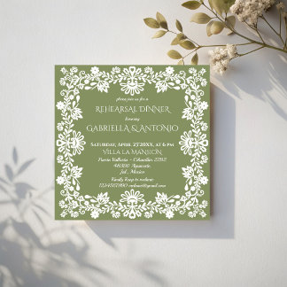 Talavera sage green Mexican wedding rehearsal dinn Invitation