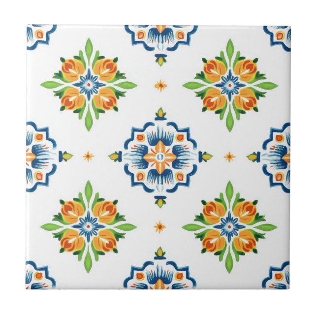 Talavera Seamless Blue Orange Green Mexican Spain Tile (Front)