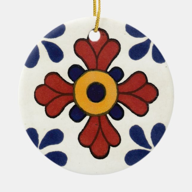 Talavera tile in red & blue ceramic tree decoration (Front)