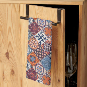 Talavera Tles Orange Sky Navy Blue Burgundy Red Tea Towel