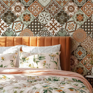 Talavera Tles Sage Green Orange Brown  Wallpaper