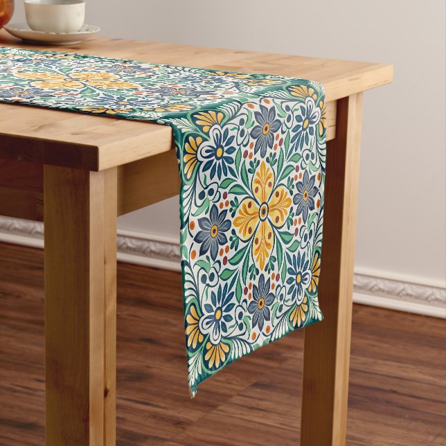 Talavera vintage Mexican folk art teal green Short Table Runner (In Situ)
