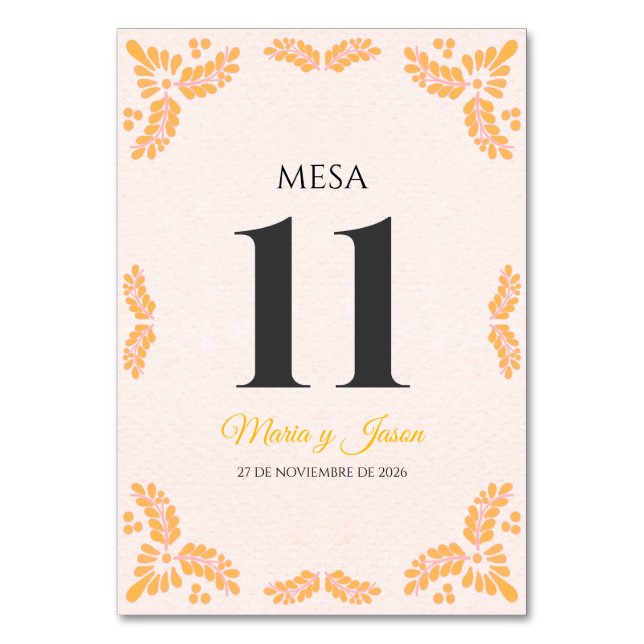 Talavera Yellow Floral Minimalist Spanish Wedding Table Number (Front)