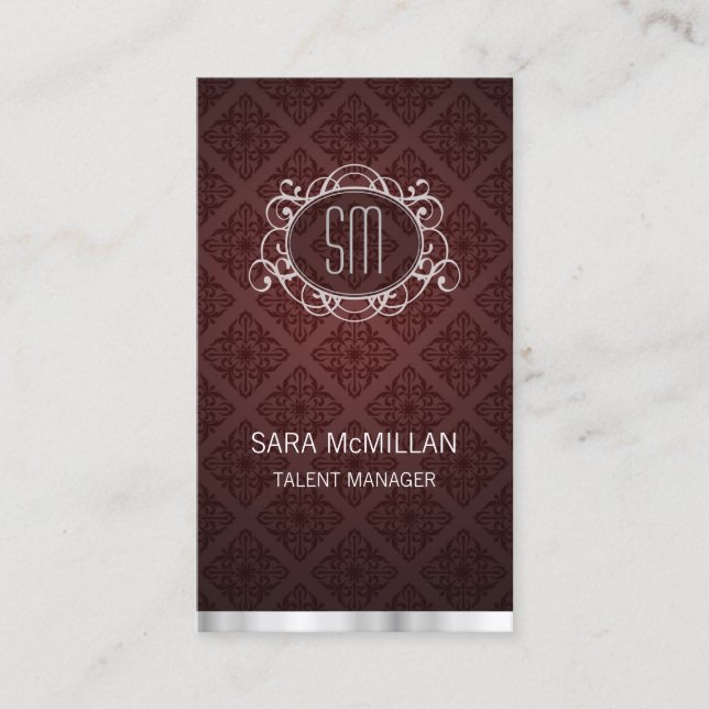 Talent Manager Elegant Red Damask Monogram Business Card (Front)