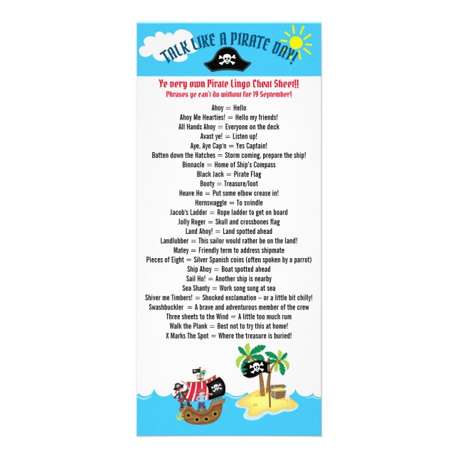 Talk Like a Pirate Day List of Phrases Cheat Sheet Rack Card (Front)