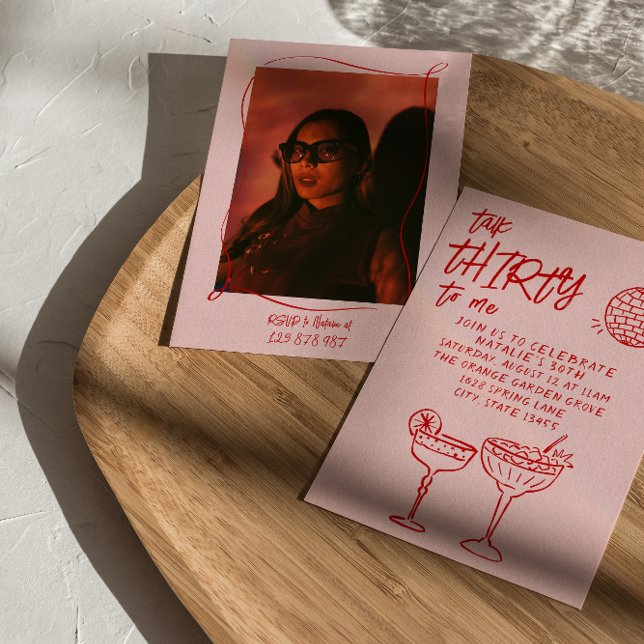 Talk Thirty Red Pink Drawn 30th Photo Fun Birthday Invitation (Creator Uploaded)