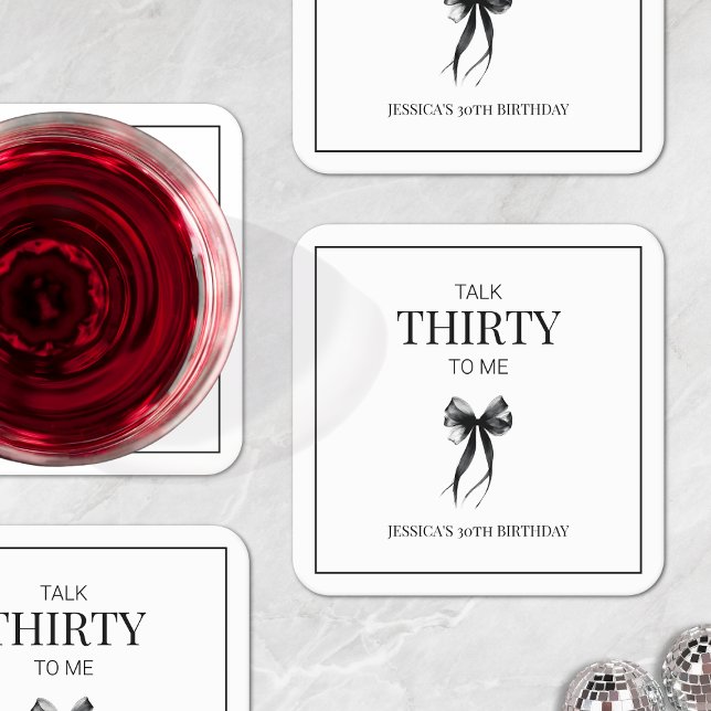 Talk Thirty to Me 30th Birthday Party Black White Square Paper Coaster (Talk Thirty to Me 30th Birthday Party Black White Square Paper Coaster)