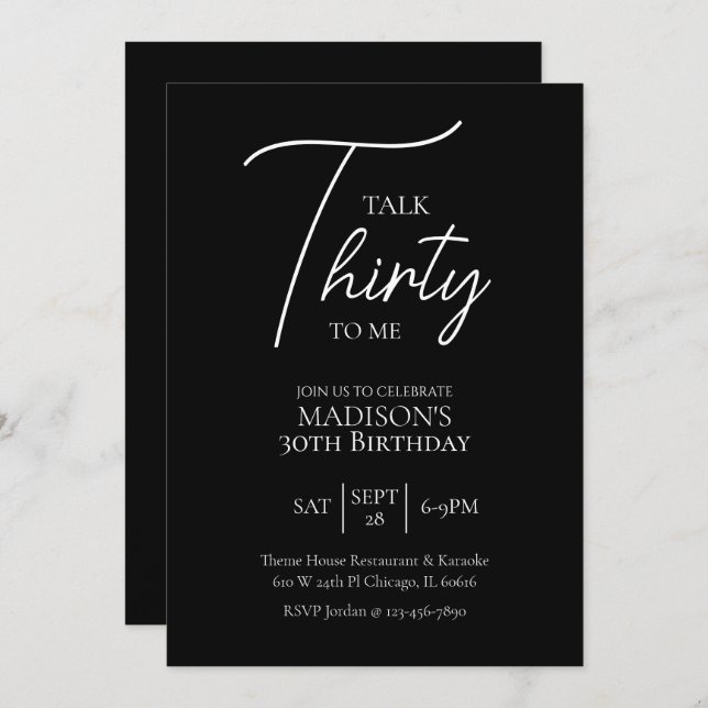 Talk Thirty To Me 30th Black & White Birthday Invitation (Front/Back)