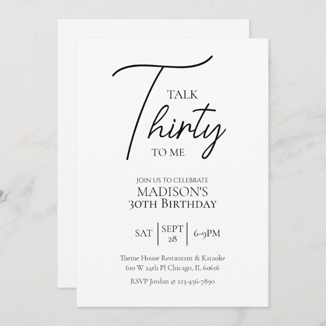 Talk Thirty To Me 30th Black & White Birthday Invitation (Front/Back)