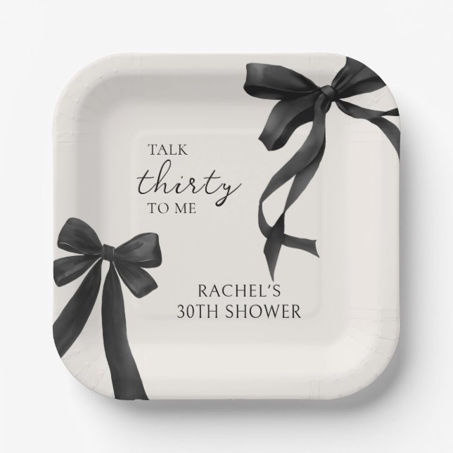 Talk Thirty to me Black Bow 30th Birthday Paper Plate (Front)