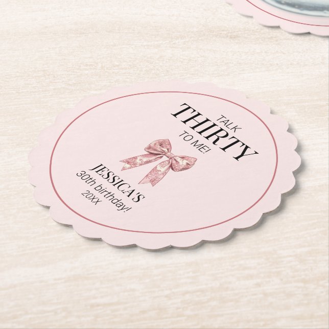 Talk Thirty to Me Elegant Pink Bow 30th Birthday Paper Coaster (Angled)