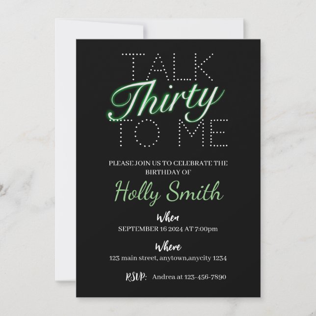 Talk thirty to me green neon birthday invitation  (Front)