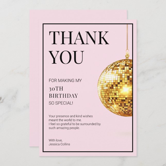 Talk Thirty to Me Pink and Gold 30th Birthday Thank You Card (Front/Back)