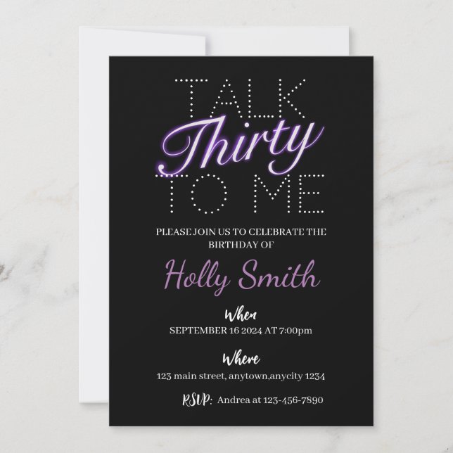 Talk thirty to me purple neon birthday invitation (Front)