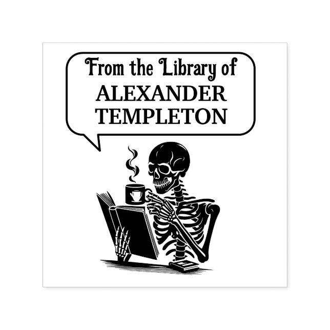 Talking Skeleton Drinking Coffee Reading Book #2 Self-inking Stamp (Design)