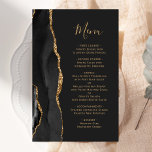 Tall Budget Black Gold Agate Dark Wedding Menu<br><div class="desc">The left-hand edge of this elegant modern wedding menu features a black watercolor agate border trimmed with faux gold glitter. The customisable text combines gold coloured handwriting script and copperplate fonts on an off-black background. The reverse side features a matching black and gold agate design.</div>