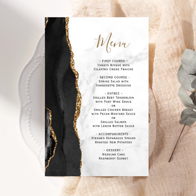 Tall Budget Black Gold Agate Marble Wedding Menu (Creator Uploaded)
