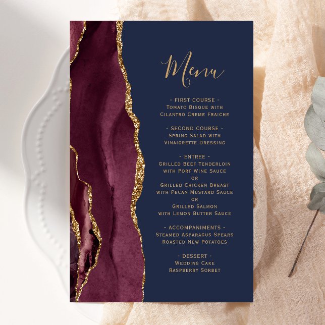 Tall Budget Burgundy Gold Agate Navy Wedding Menu (Creator Uploaded)