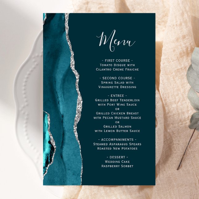 Tall Budget Teal Blue Silver Agate Wedding Menu (Creator Uploaded)