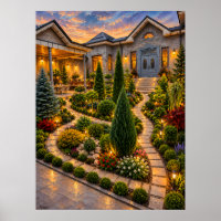 Tall Cypress Garden beside a Glowing Villa