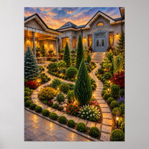 Tall Cypress Garden beside a Glowing Villa Poster