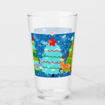 Tall Glass Christmas Design of Trees, Deer, Snow