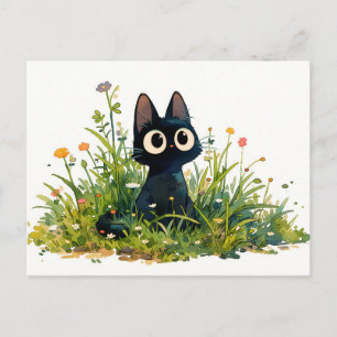 Tall Grass Watercolor Kawaii Black Cat Postcard