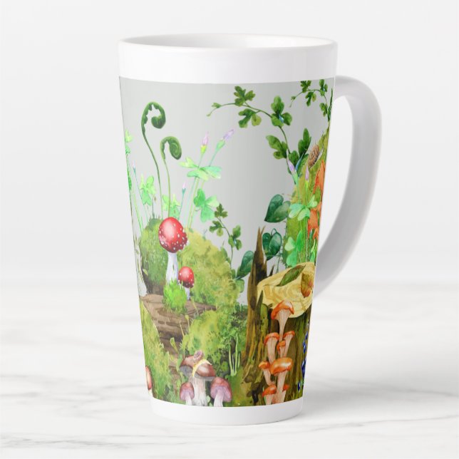 Tall Latte Mug Watercolor Forest Mushrooms Plants  (Right Angle)