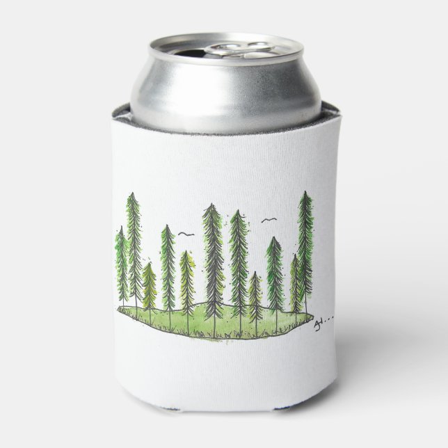 Tall Pine Tree Forest Watercolor Can Cooler (Can Front)