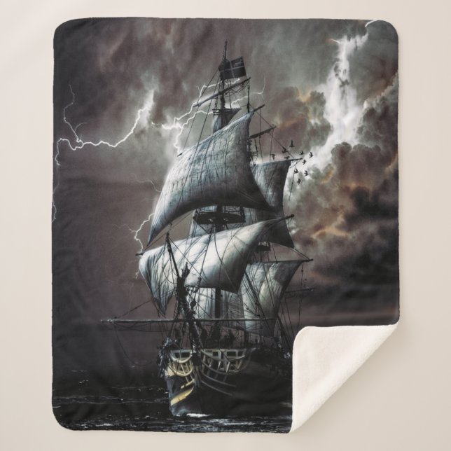 Tall Pirate Ghost Ship Sea Storm Lightning Sherpa Blanket (Front)