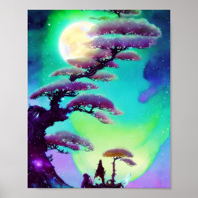 Tall purple bonsai and moon poster (Front)