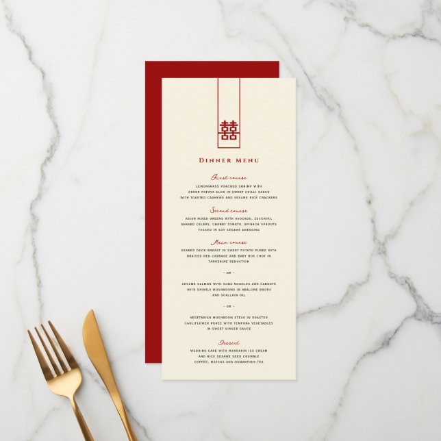 Tall Rectangle Double Happiness Chinese Wedding Menu (Front/Back In Situ)
