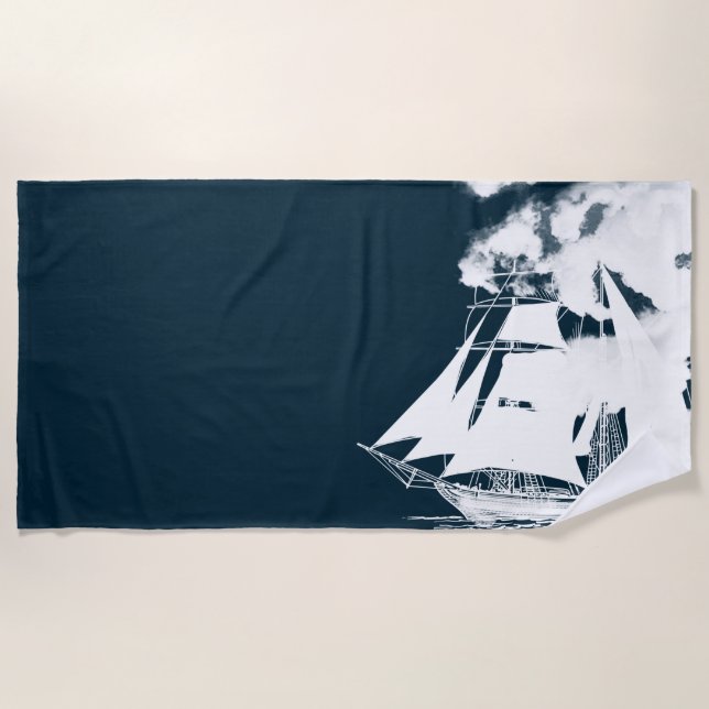 Tall Ship & Clouds Nautical Beach Towel (Front)