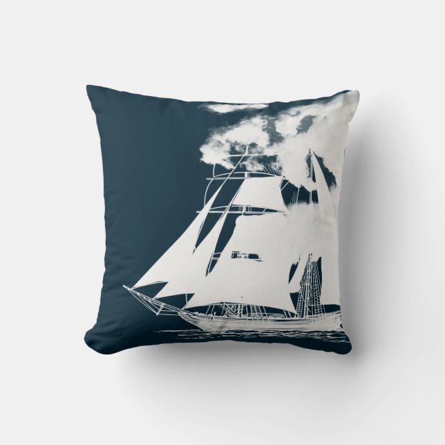 Tall Ship & Clouds Nautical Cushion (Front)