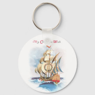 Tall Ship on the High Seas Vintage Christmas Key Ring