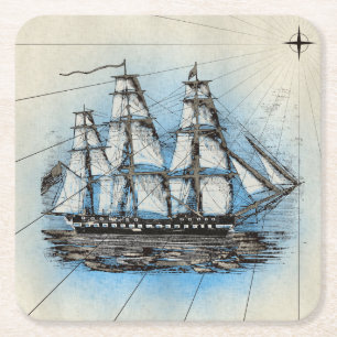 Tall Ship Vintage Nautical Illustration Square Paper Coaster