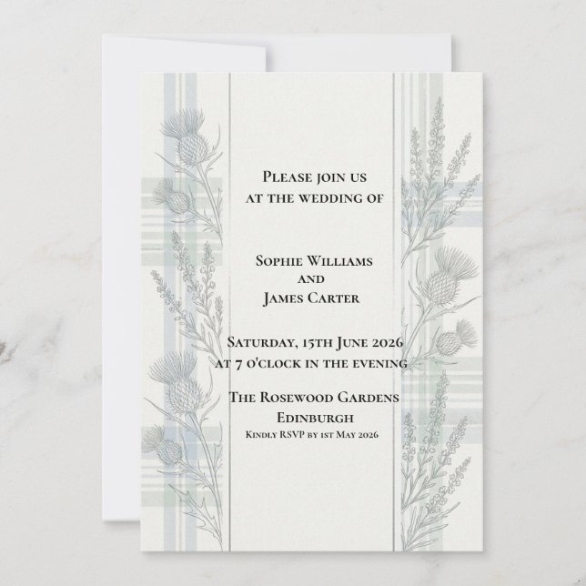 Tall Thistle Lavender Line Art Scottish Wedding Invitation (Front)