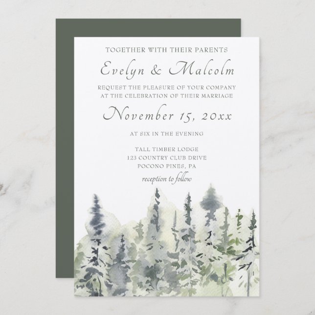 Tall Timber Watercolor Evergreen Trees Wedding Invitation (Front/Back)