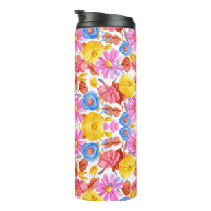Tall travel mug featuring a vibrant floral pattern