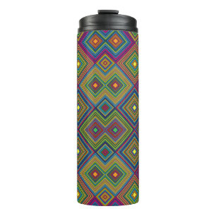 Tall travel mug with a vibrant geometric pattern 