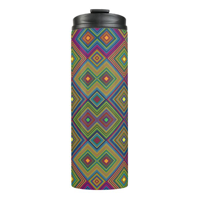 Tall travel mug with a vibrant geometric pattern  (Front)