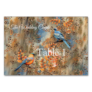 Tall trees, Autumn leaves & Bluebirds. Table Number