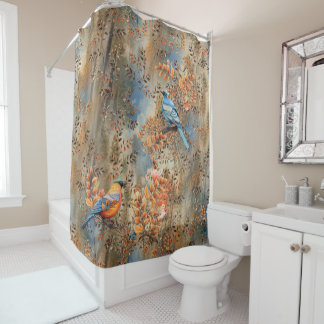 Tall trees, the Leaves of Autumn & Blue-Birds Shower Curtain