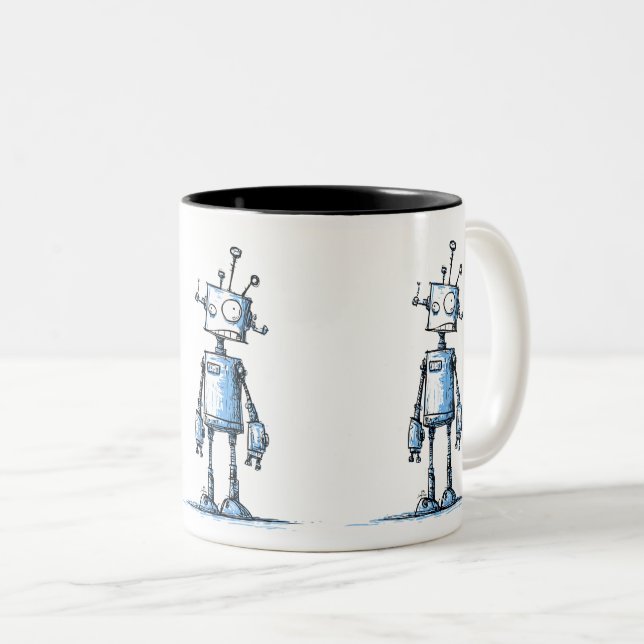 Tall Wacky Robot Mug — Hand-Drawn Blue Character (Front Right)