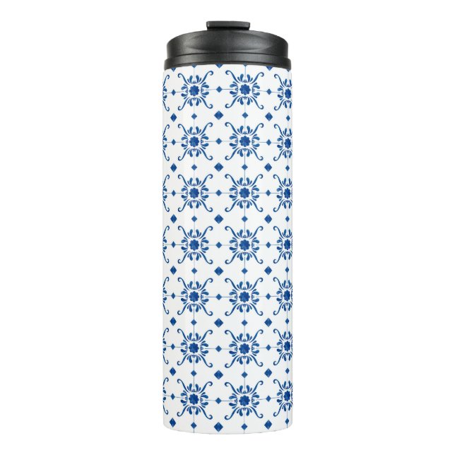 Tall, white travel mug with a black lid (Front)