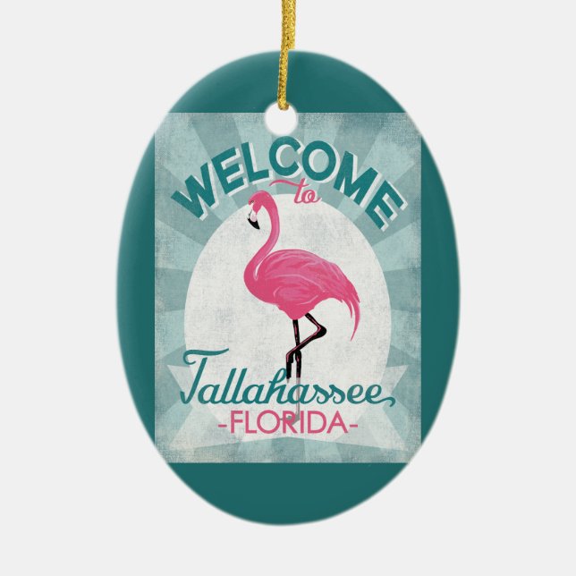 Tallahassee Florida Pink Flamingo Retro Ceramic Tree Decoration (Front)